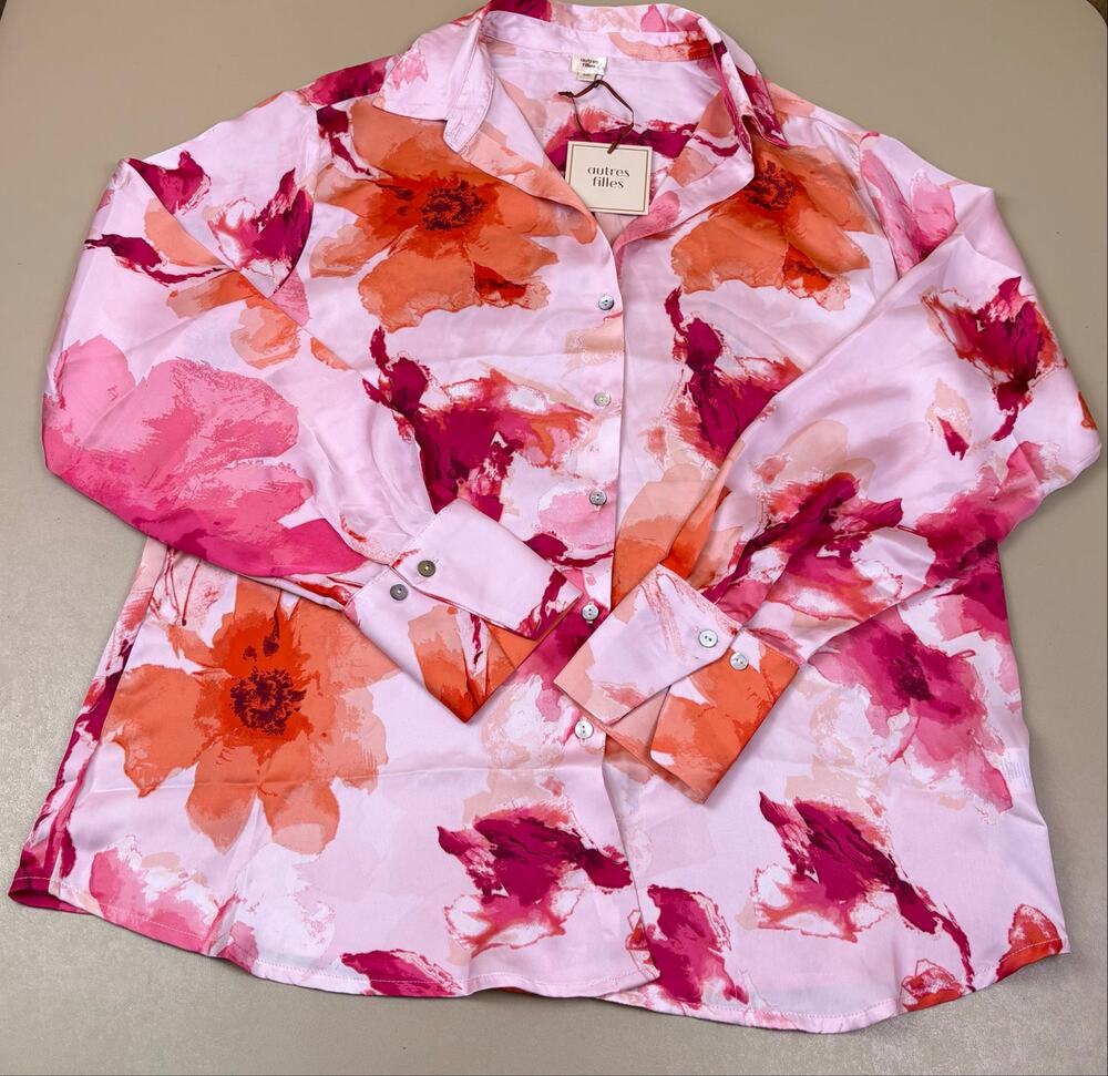 Autres Filles Women’s Small Petite Pink Orange Floral Button Down Blouse NWT